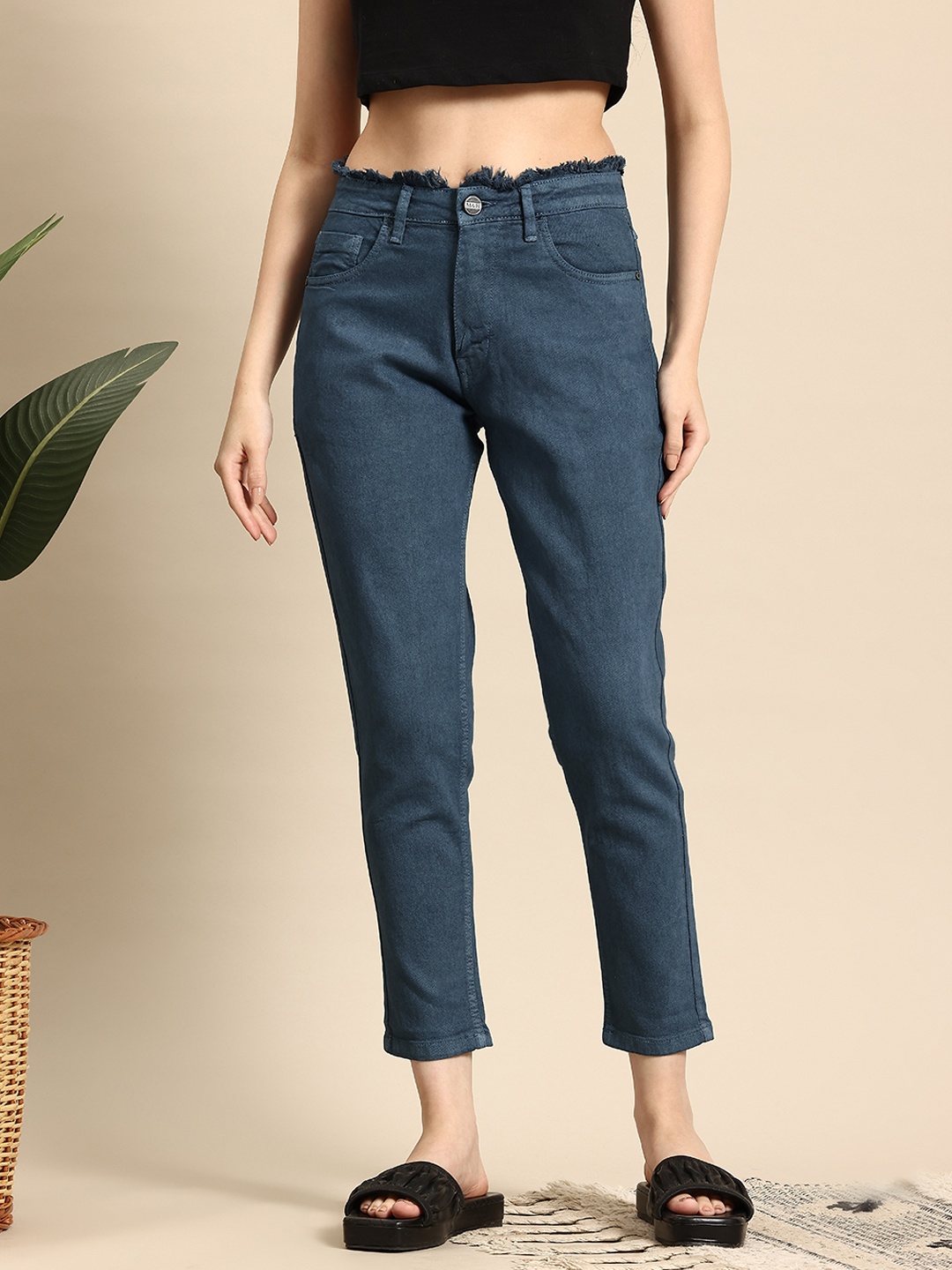 

Mast & Harbour Women Mom Fit Cropped Jeans, Green