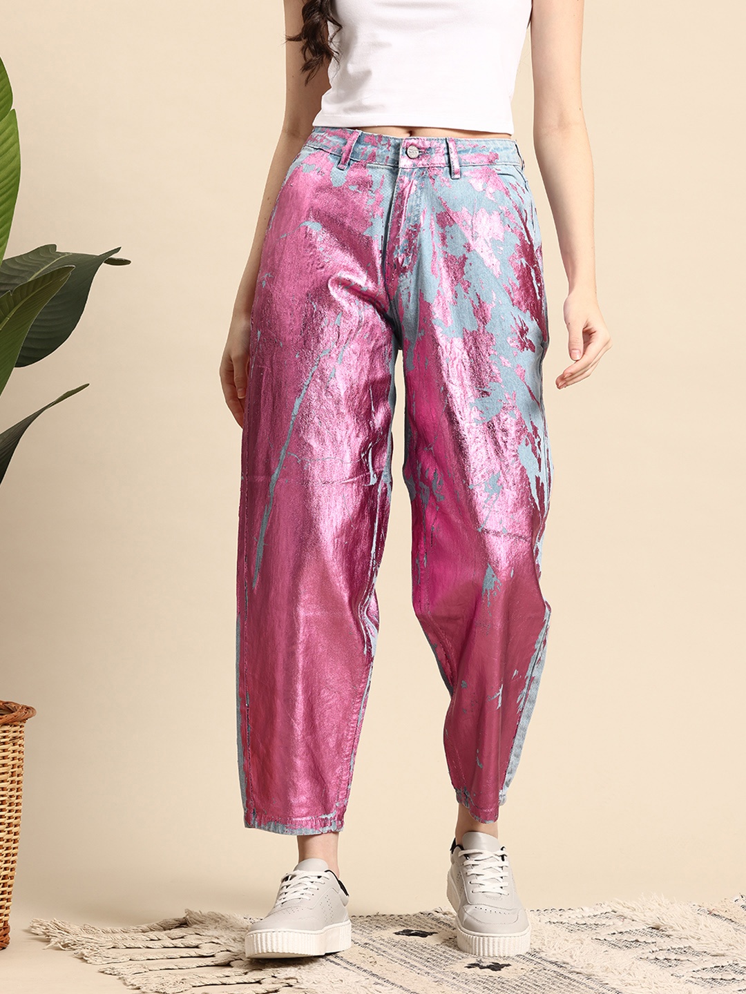 

Mast & Harbour Women Pure Cotton Relaxed Fit Foil Print Jeans, Blue