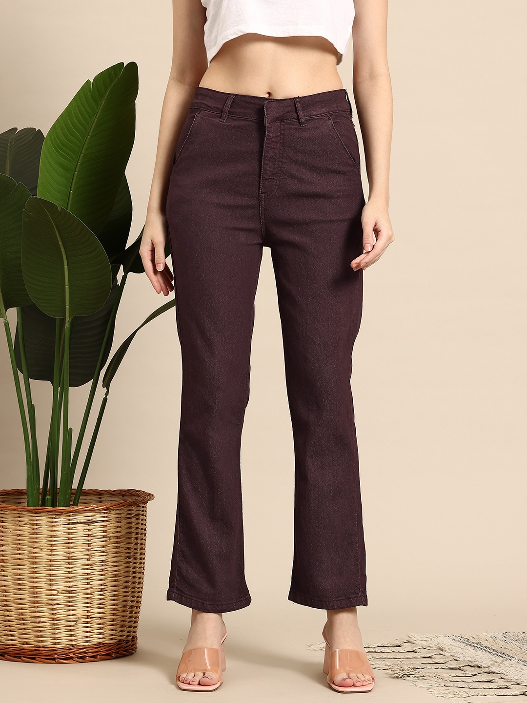 

Mast & Harbour Women Straight Fit High-Rise Stretchable Jeans, Maroon