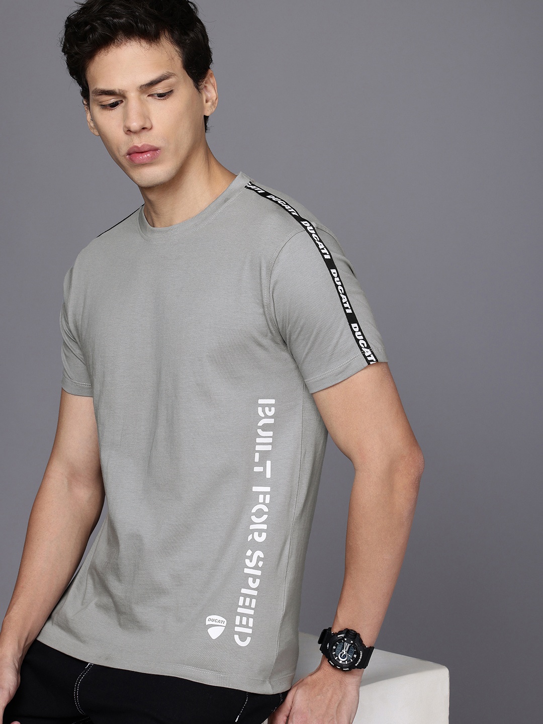 

Ducati Pure Cotton Typography Printed Taping Casual T-shirt, Grey