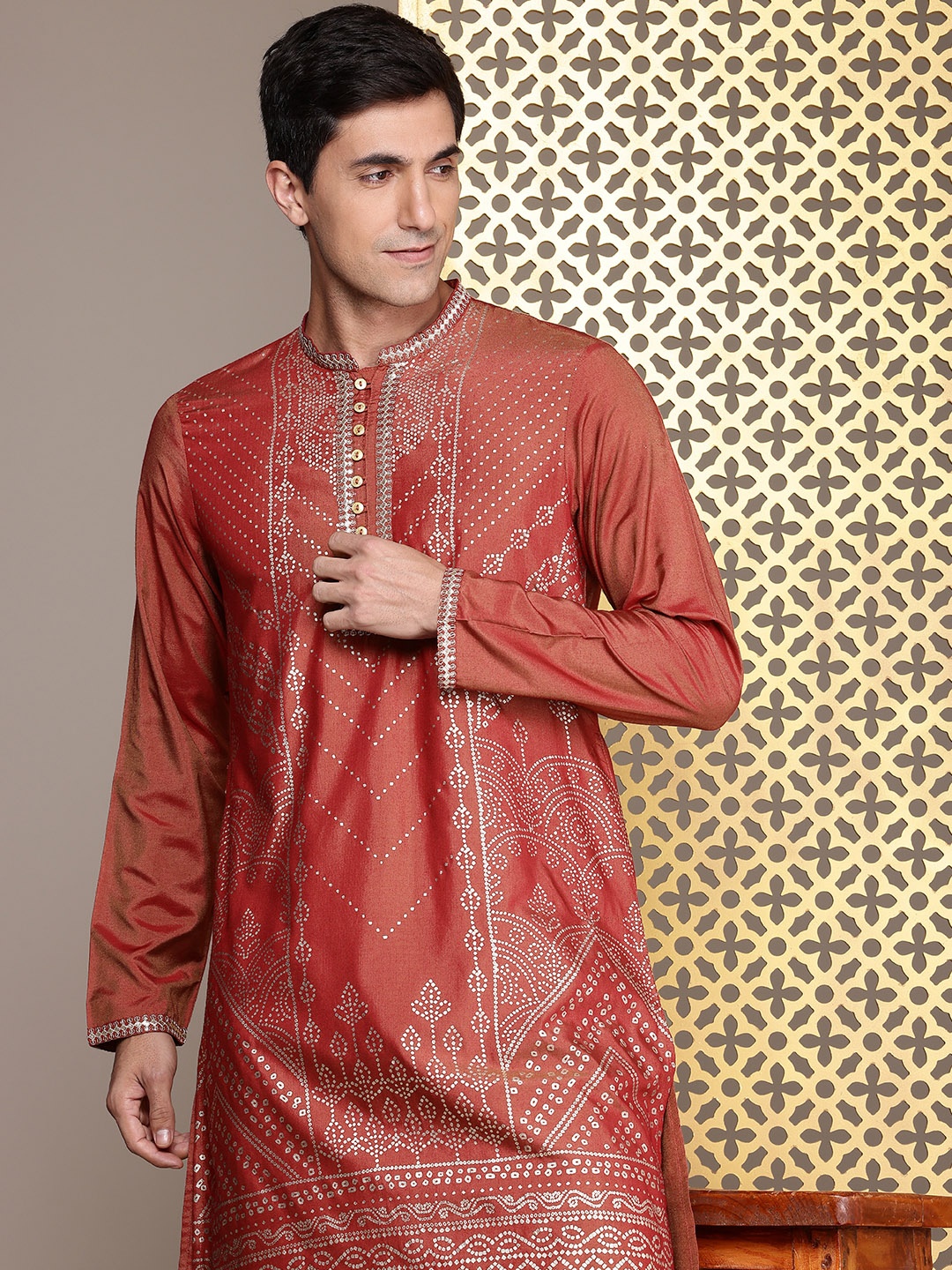 

House of Pataudi Jashn Ethnic Motifs Indie Printed Sequinned Kurta, Rust