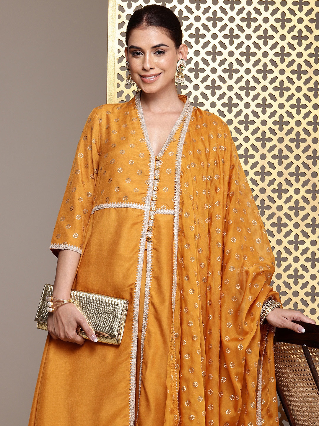 

House of Pataudi Floral Printed Regular Sequinned Jashn Kurta with Palazzos & Dupatta, Mustard