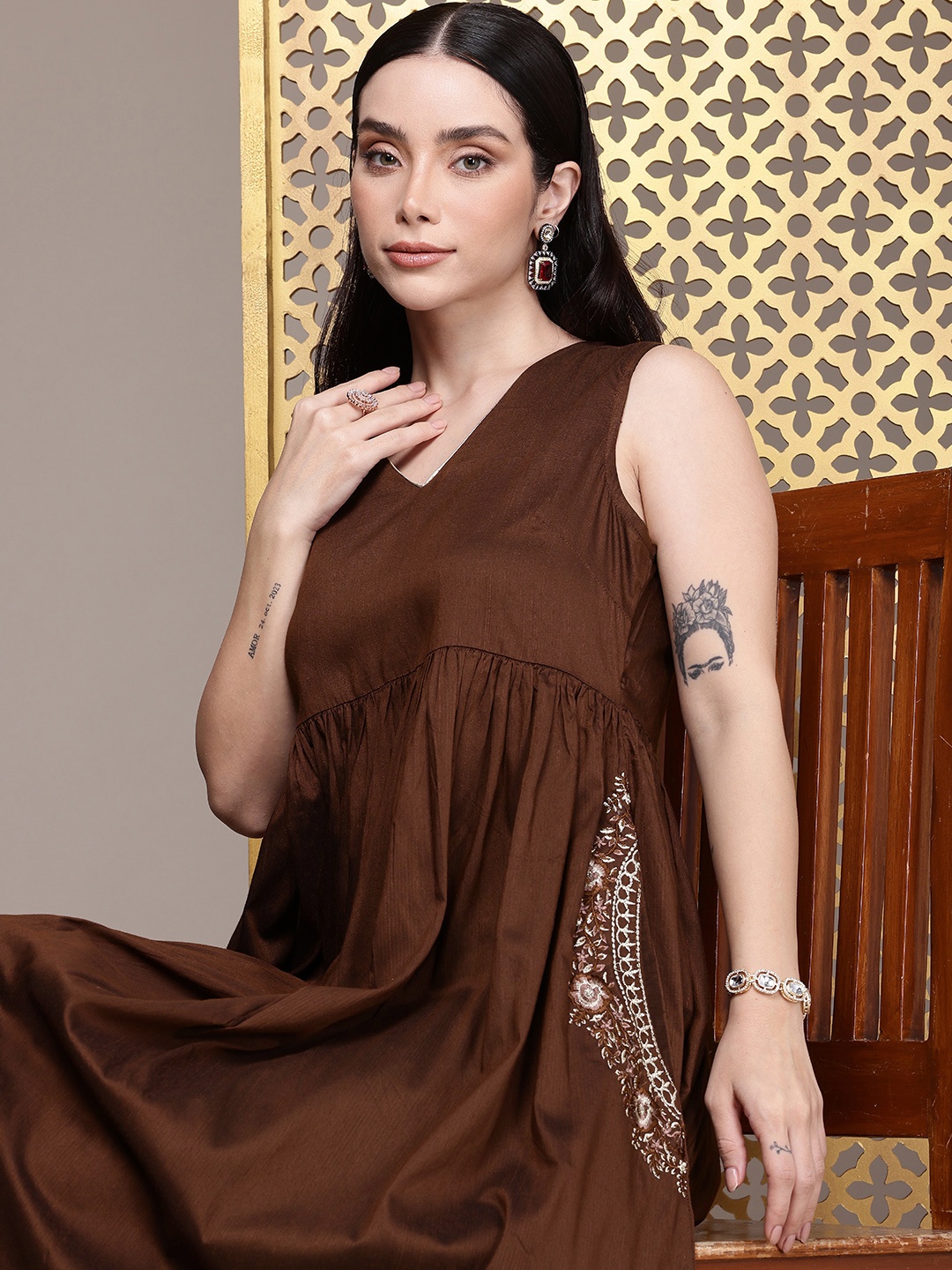 

House of Pataudi Ethnic Motifs Embroidered Gathered Jashn A-Line Midi Dress, Brown