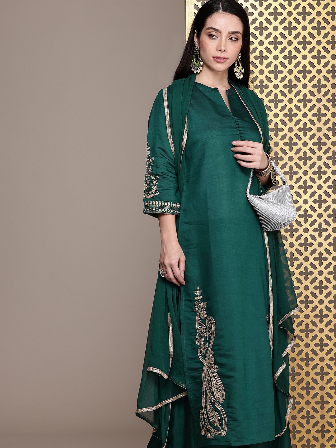 

House of Pataudi Ethnic Motifs Embroidered Regular Jashn Kurta with Palazzos & Dupatta, Green