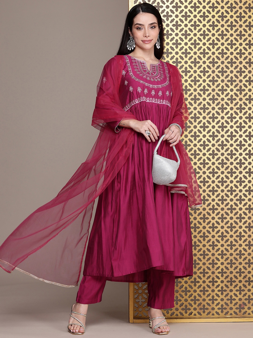 

House of Pataudi Jashn Yoke Design Zari Work A-Line Kurta With Trousers & Dupatta, Magenta