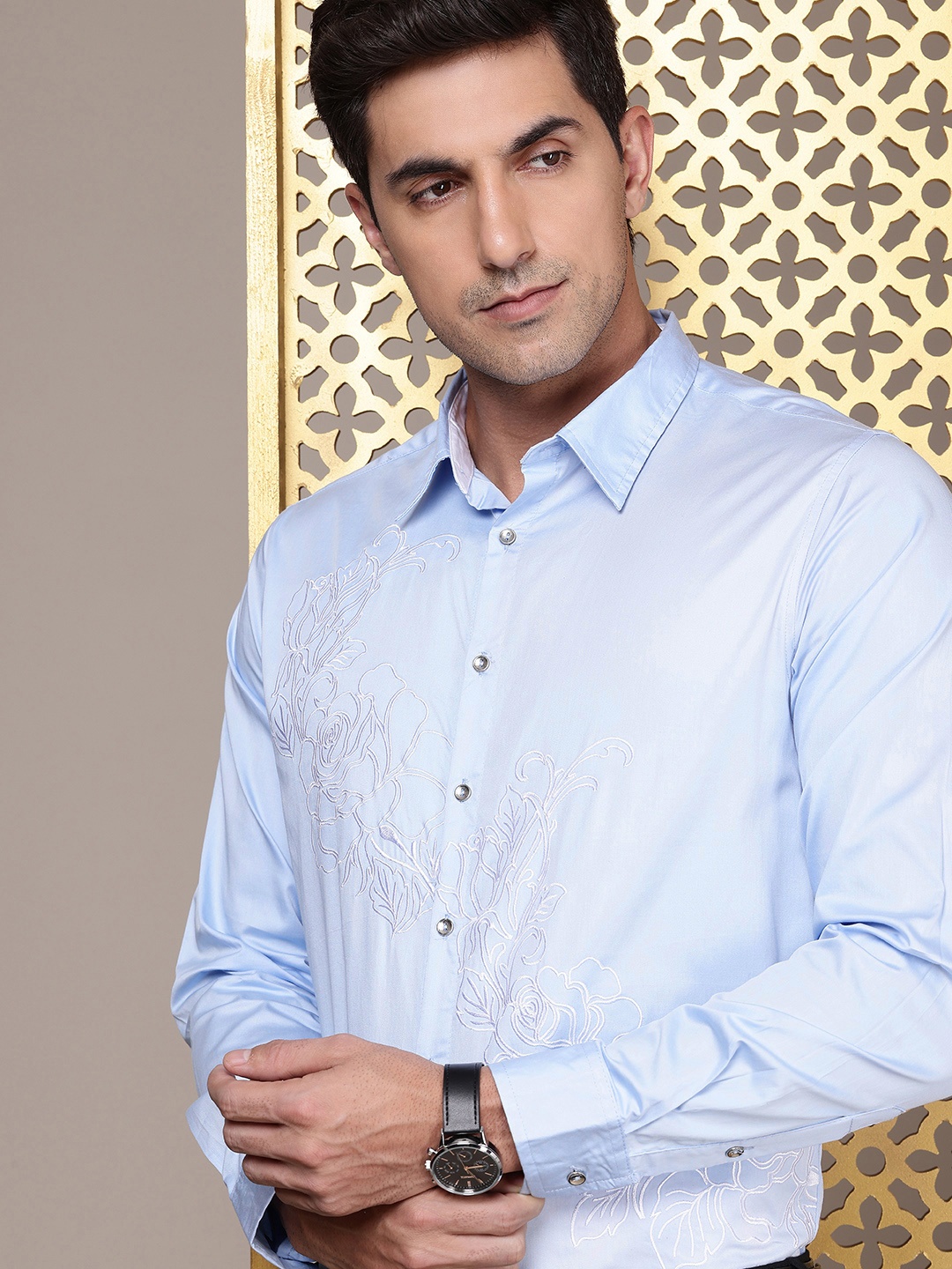 

House of Pataudi Pure Cotton Floral Embroidered Opaque Jashn Party Shirt, Blue