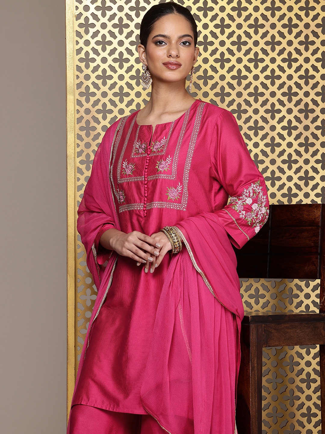 House of Pataudi Floral Embroidered Thread Work Jashn Kurta with Palazzos & Dupatta, Fuchsia