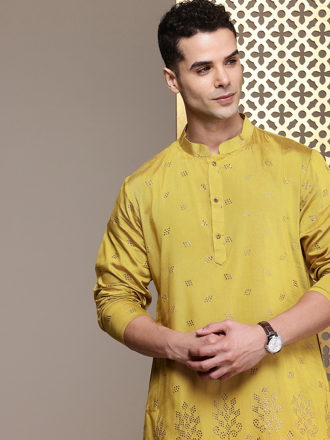 

House of Pataudi Jashn Ethnic Motifs Embellished Kurta, Yellow