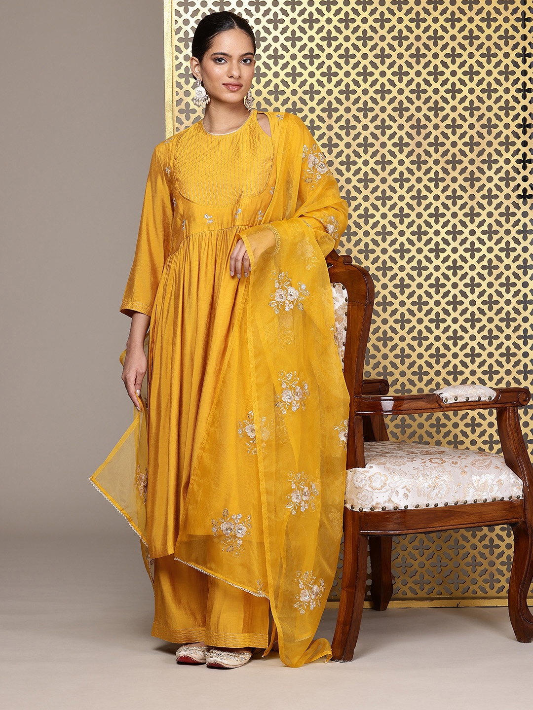 

House of Pataudi Yoke Design Thread Work Jashn Kurta & Palazzos With Dupatta, Mustard