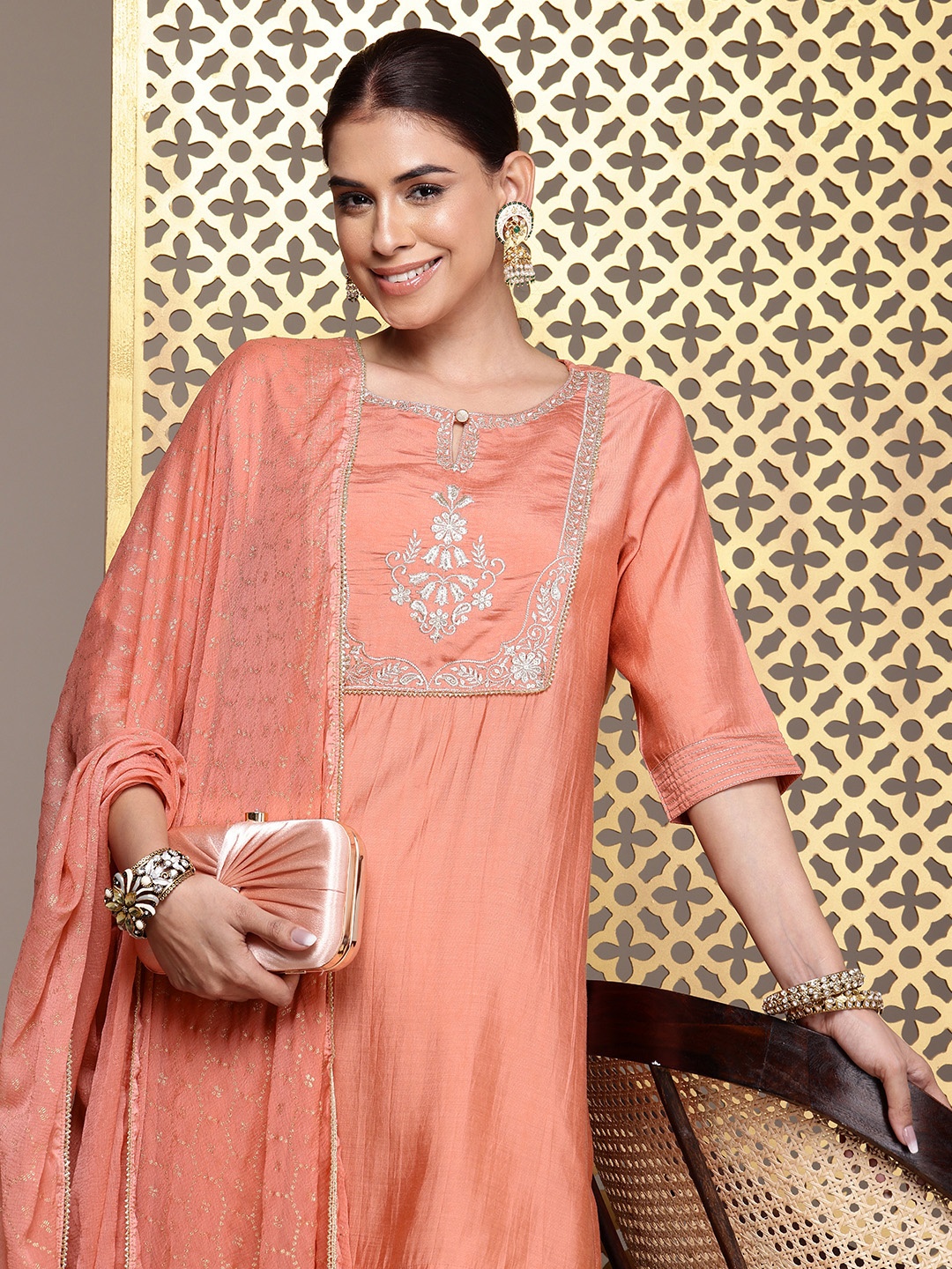 

House of Pataudi Ethnic Motifs Embroidered Sequinned Jashn Kurta with Palazzos & Dupatta, Peach