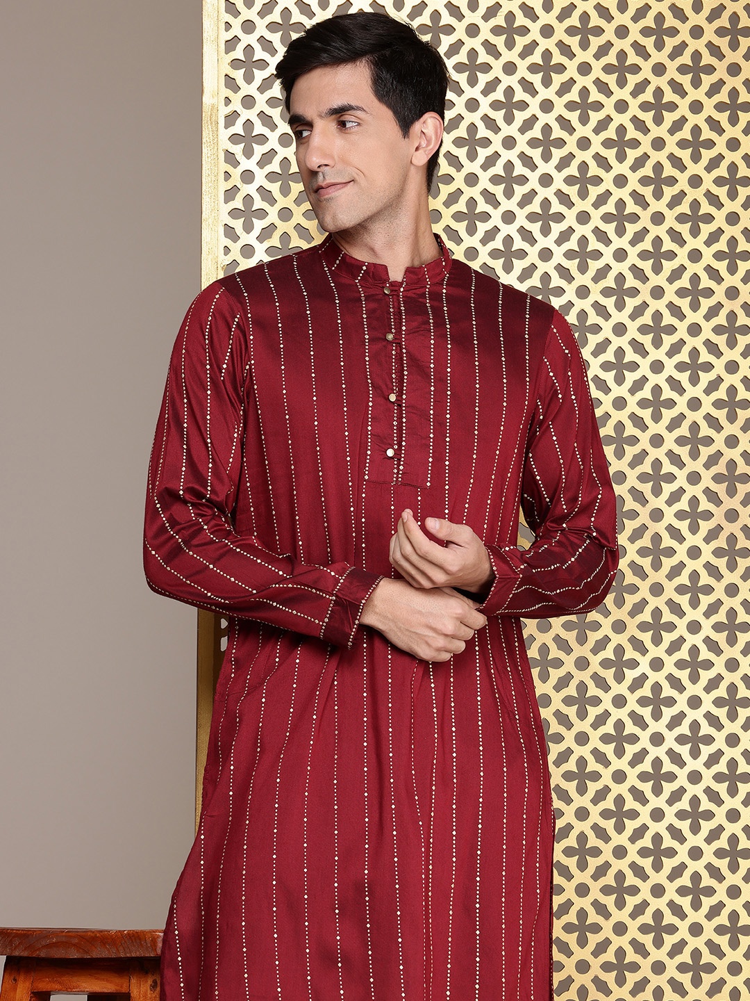 

House of Pataudi Jashn Striped Kurta, Maroon