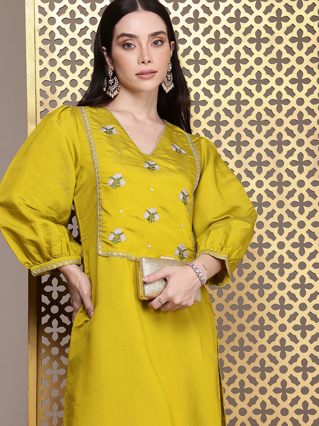 

House of Pataudi Ethnic Motifs Embroidered Puff Sleeves Jashn Kurta, Mustard