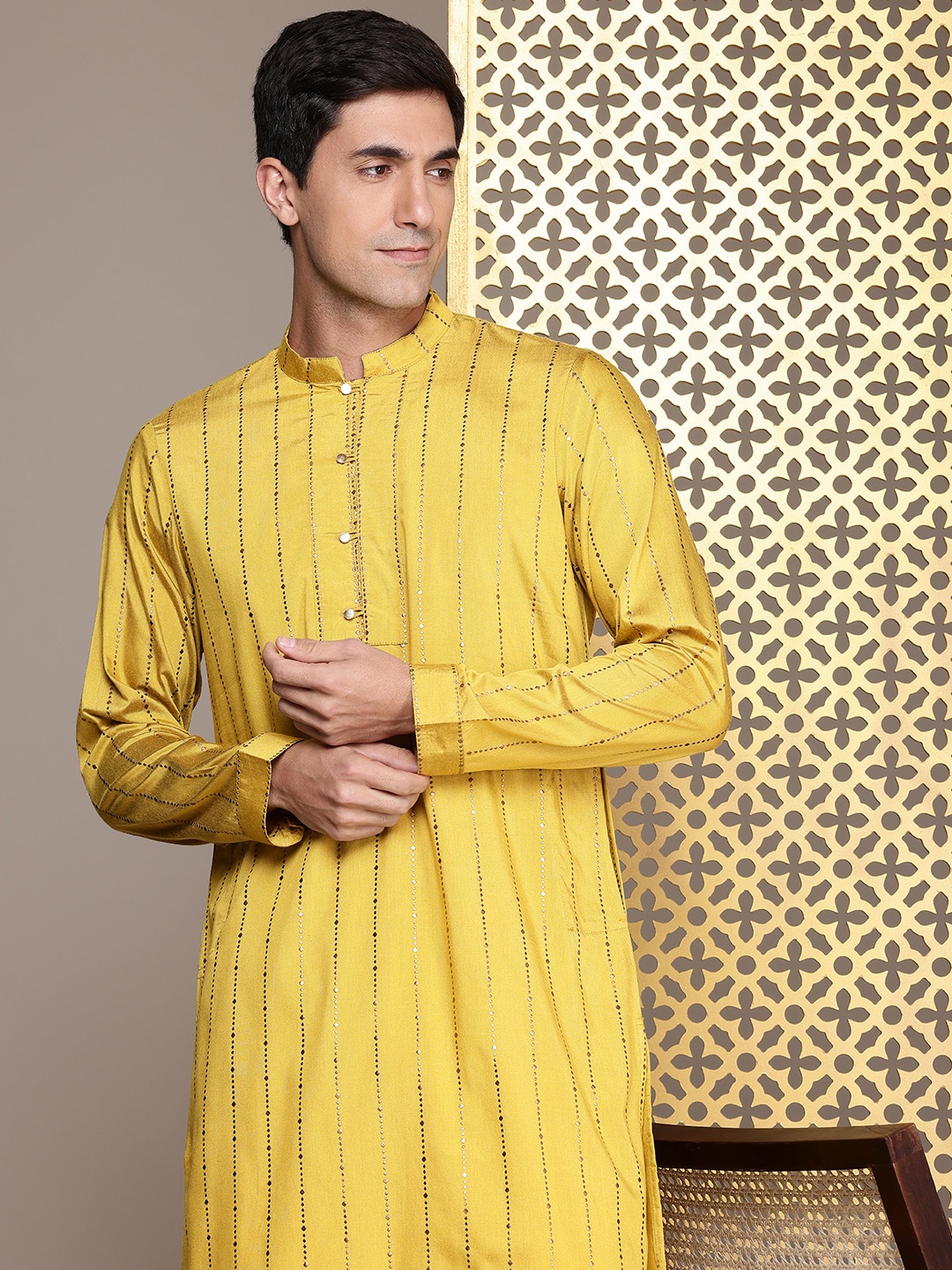 

House of Pataudi Jashn Striped Kurta, Mustard