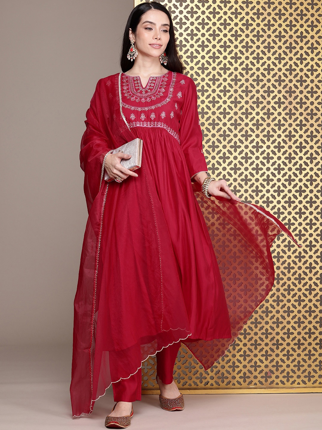 

House of Pataudi Jashn Yoke Design Zari Work A-Line Kurta With Trousers & Dupatta, Red