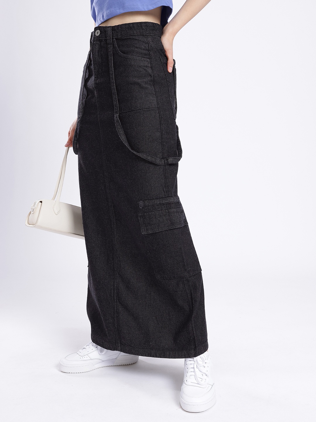 

DressBerry Versatile Vogue Cargo Style Denim Maxi Skirt, Black