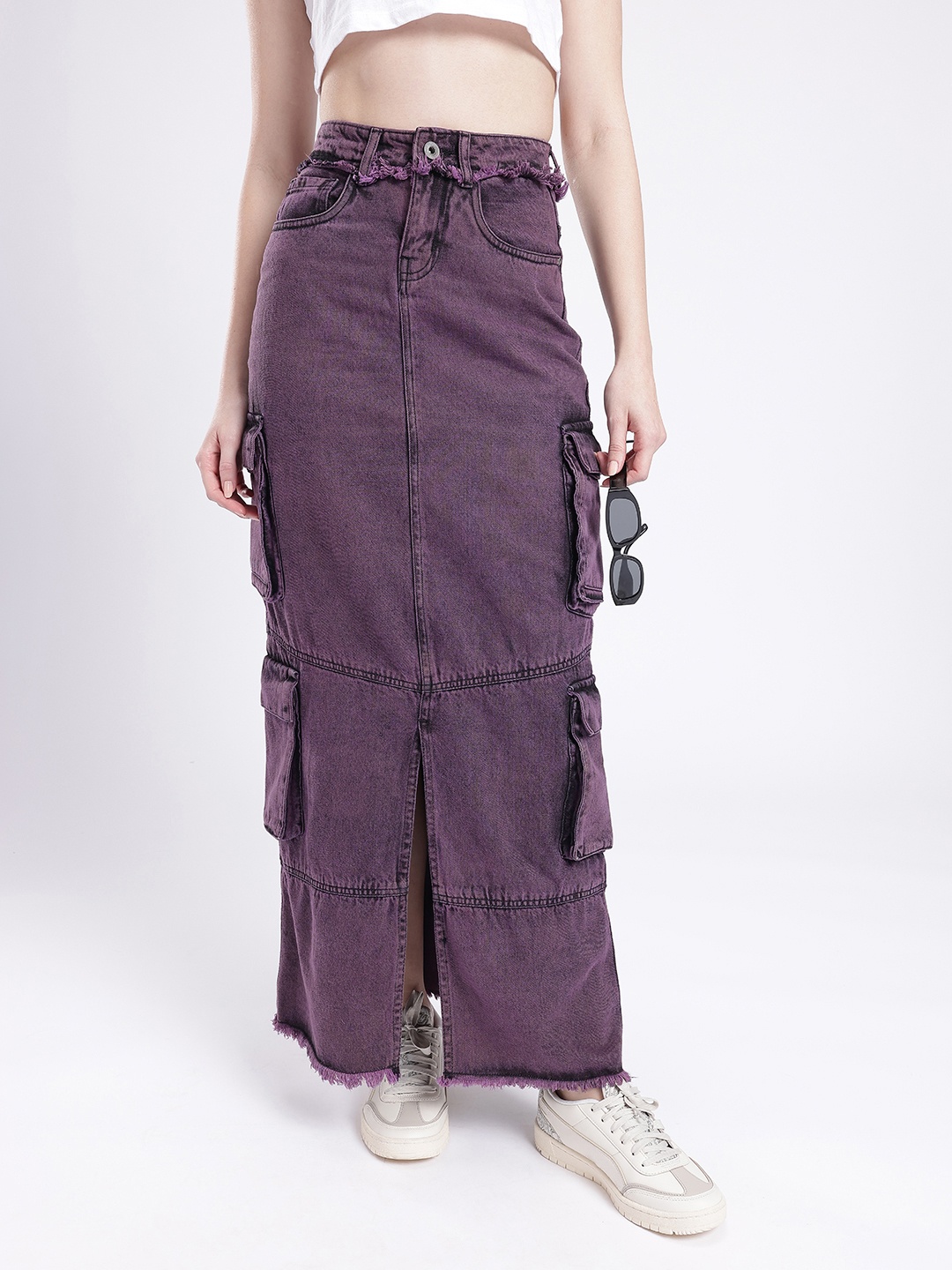 

DressBerry Women Urban Savvy Cargo Style Front Slit Straight Maxi Skirt, Purple