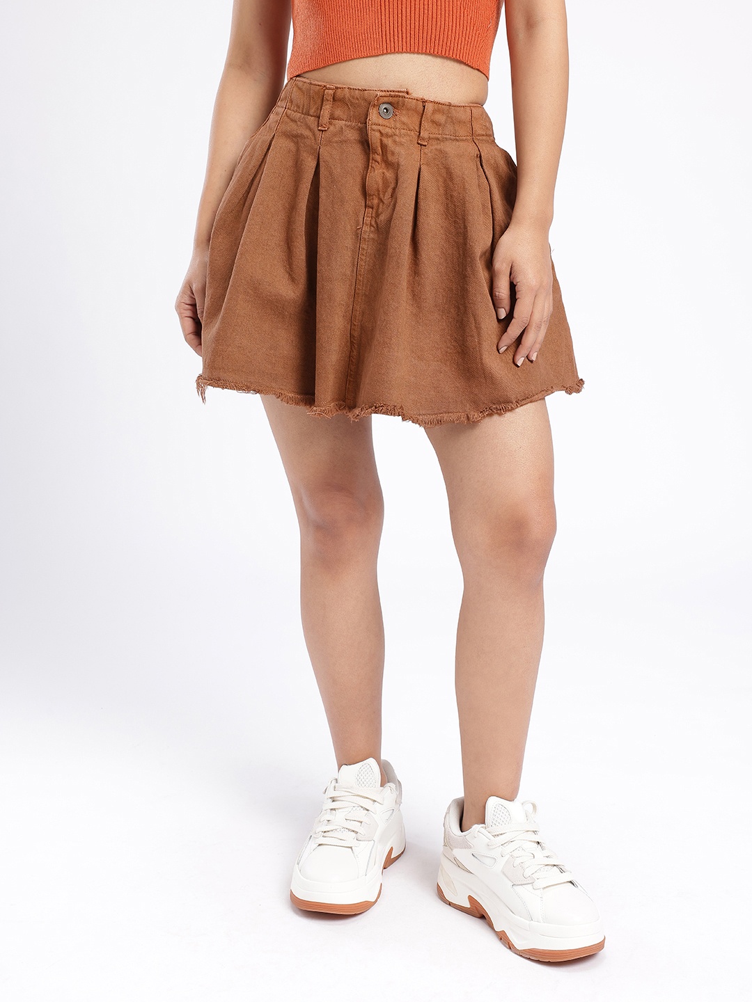 

DressBerry Women Modern Chic Flared Frayed Hem A-line Pleated Denim Skirt, Brown