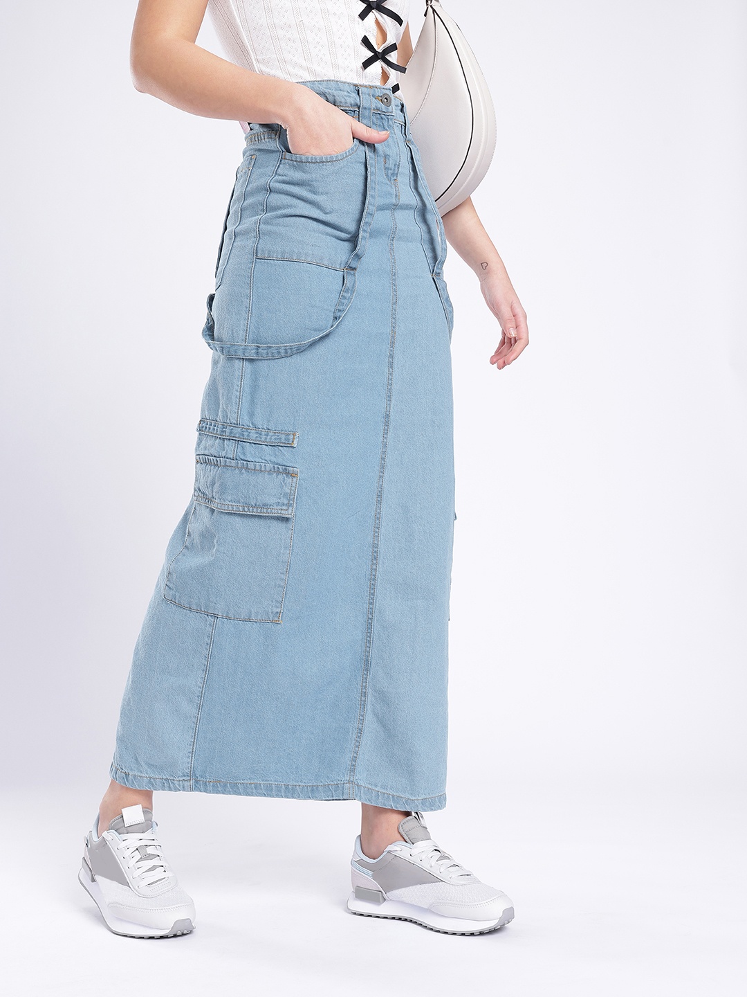

DressBerry Women Cool Edge Cargo Denim Maxi Skirt, Blue
