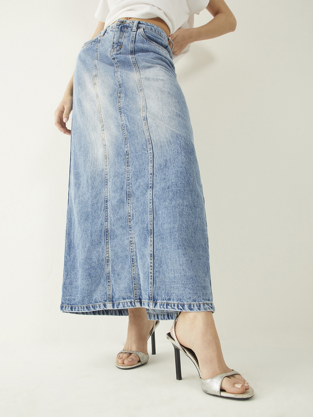 

DressBerry Everyday Glam Slit Denim Straight Midi Skirt, Blue