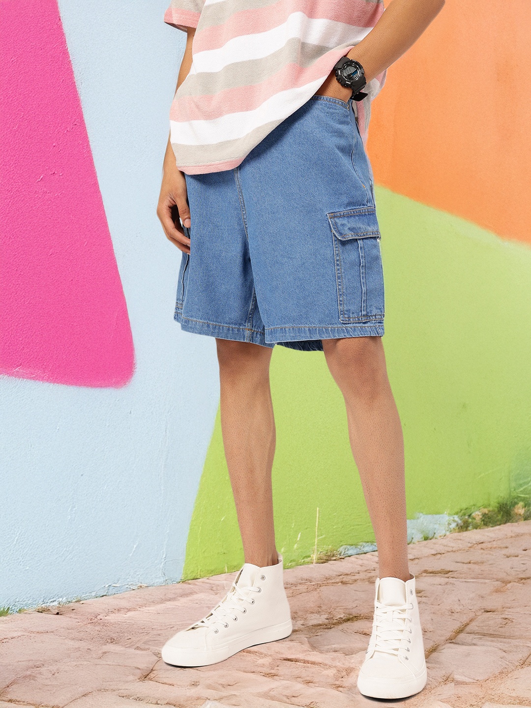 

Kook N Keech Men Urban Edge Cargo Denim Shorts, Blue