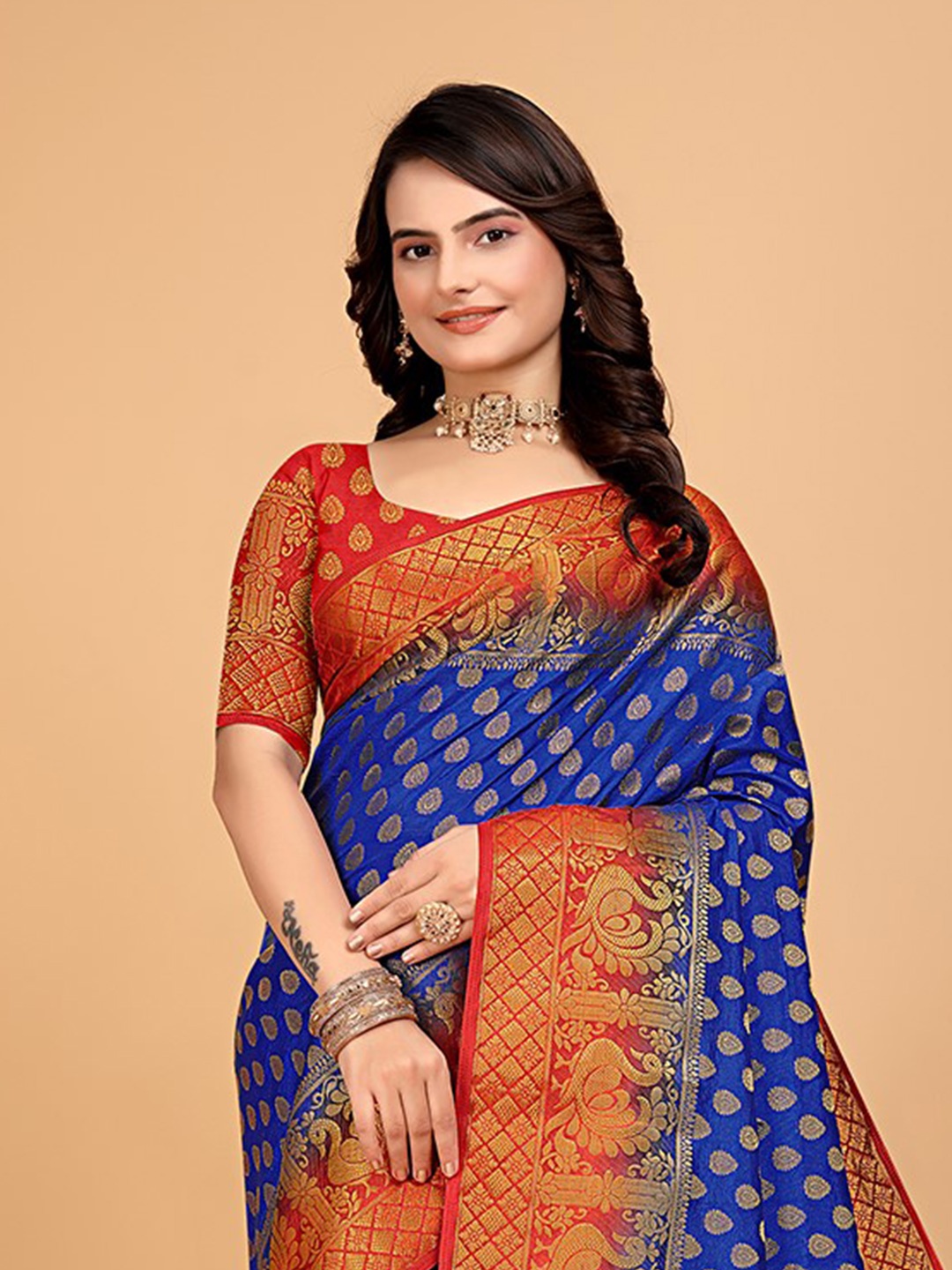 

Pionex Ethnic Motifs Zari Pure Silk Kanjeevaram Saree, Blue