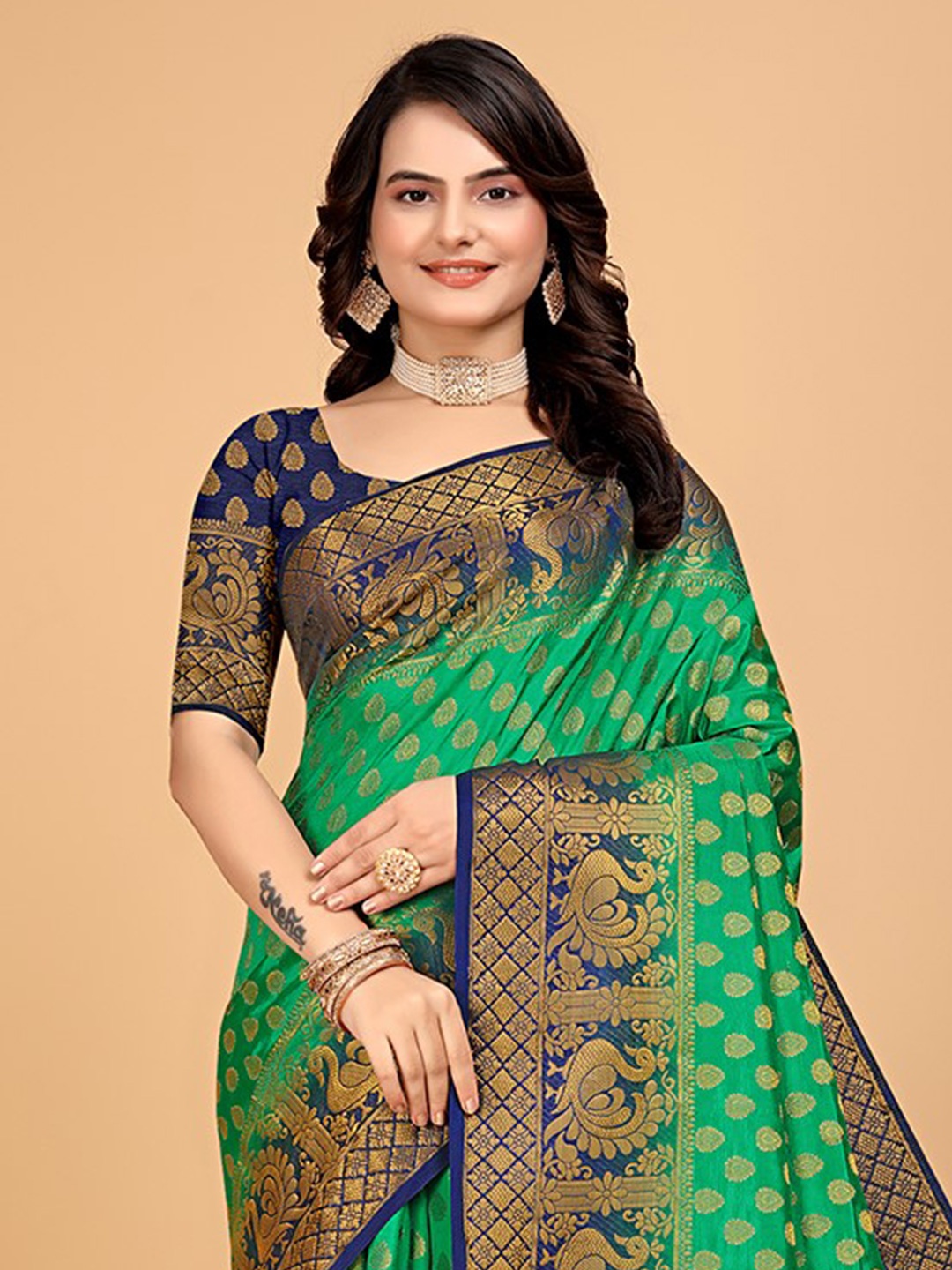 

Pionex Woven Design Zari Pure Silk Kanjeevaram Saree, Blue