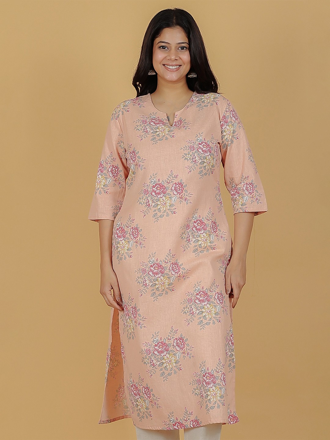 

Aramya Floral Printed Notch Neck Linen Cotton Straight Kurta, Orange