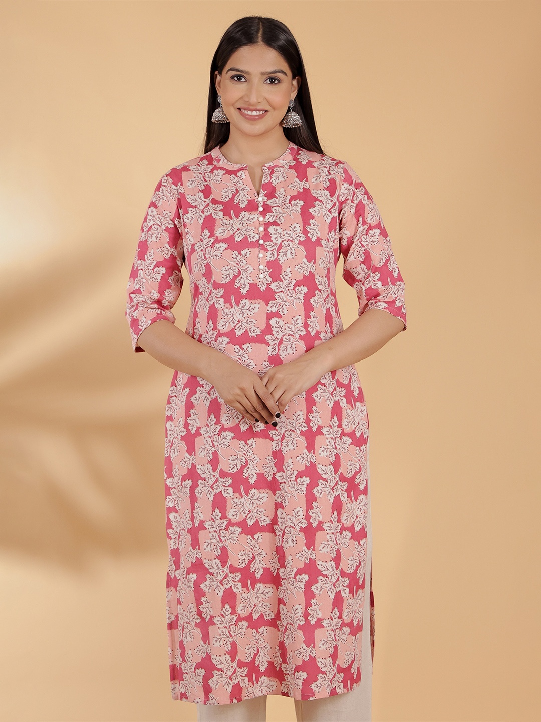 

Aramya Floral Printed Mandarin Collar Linen Cotton Straight Kurta, Pink