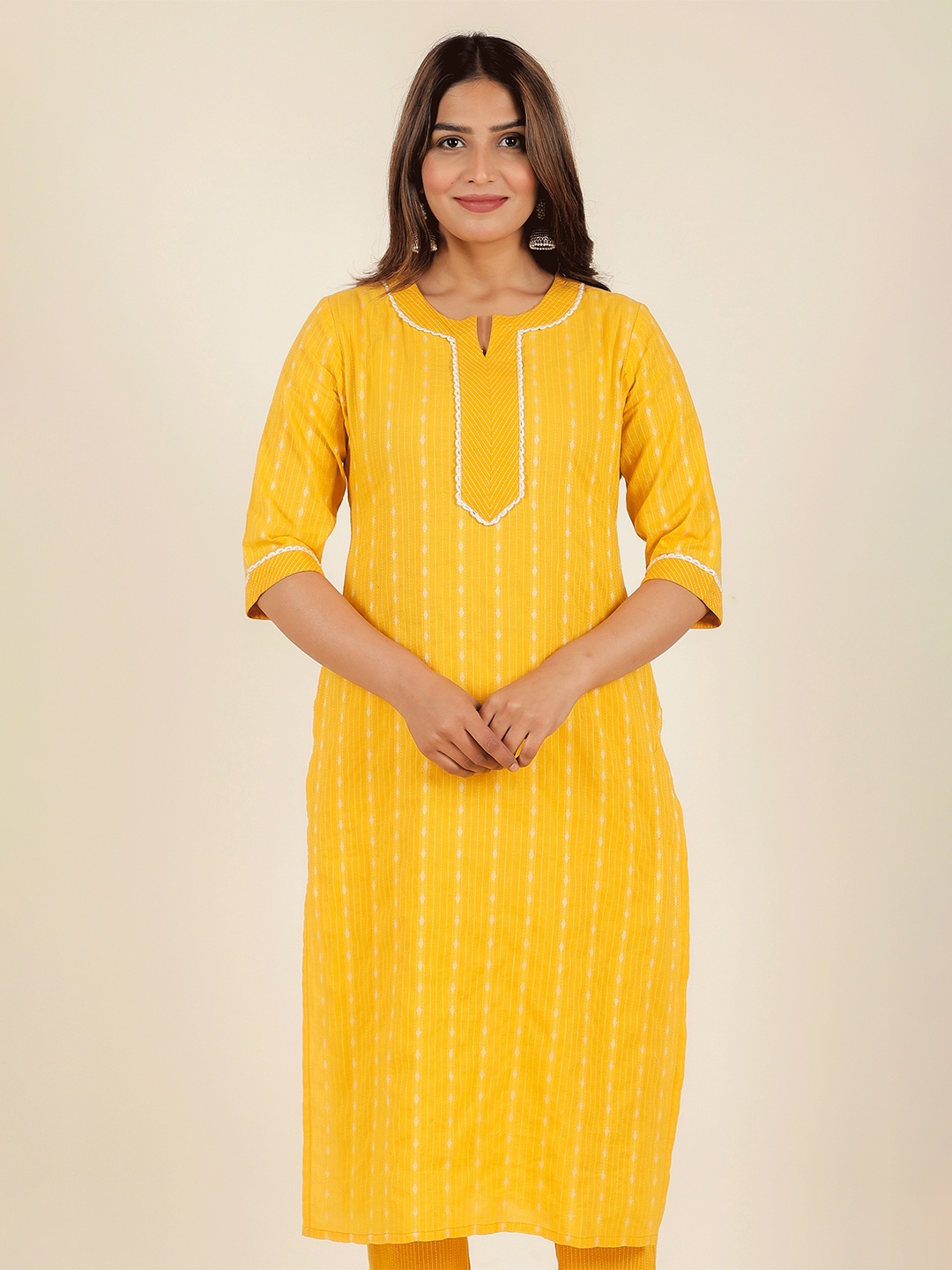 

Aramya Ethnic Motifs Woven Design Kantha Work Cotton Straight Kurta, Yellow