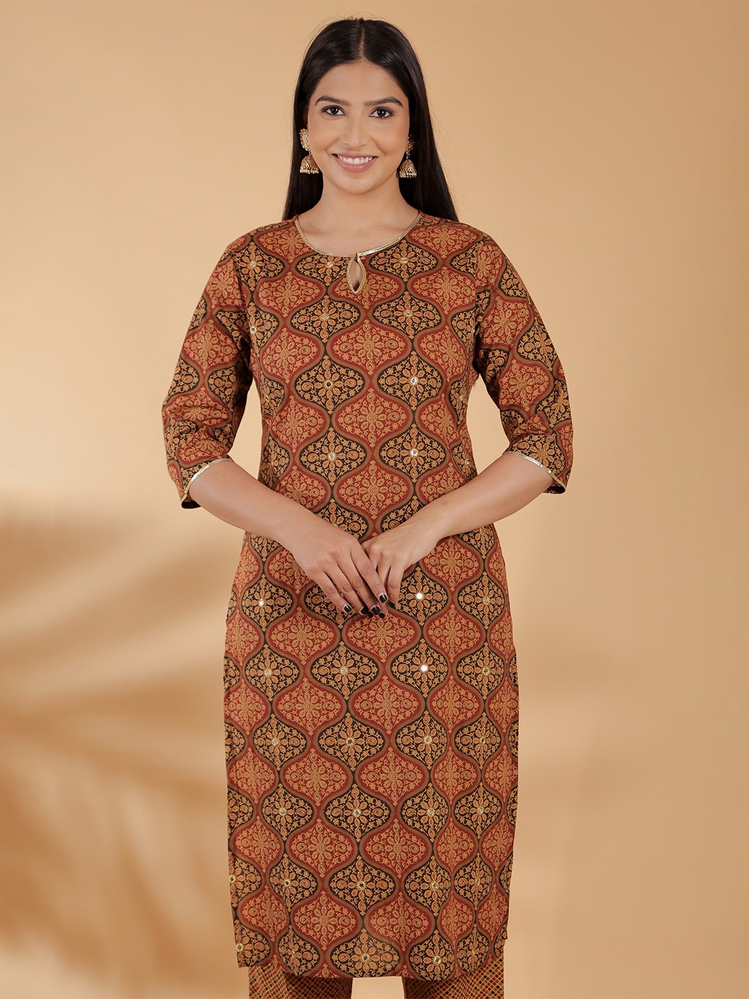 

Aramya Ethnic Motifs Printed Keyhole Neck Mirror Work Cotton Straight Kurta, Brown