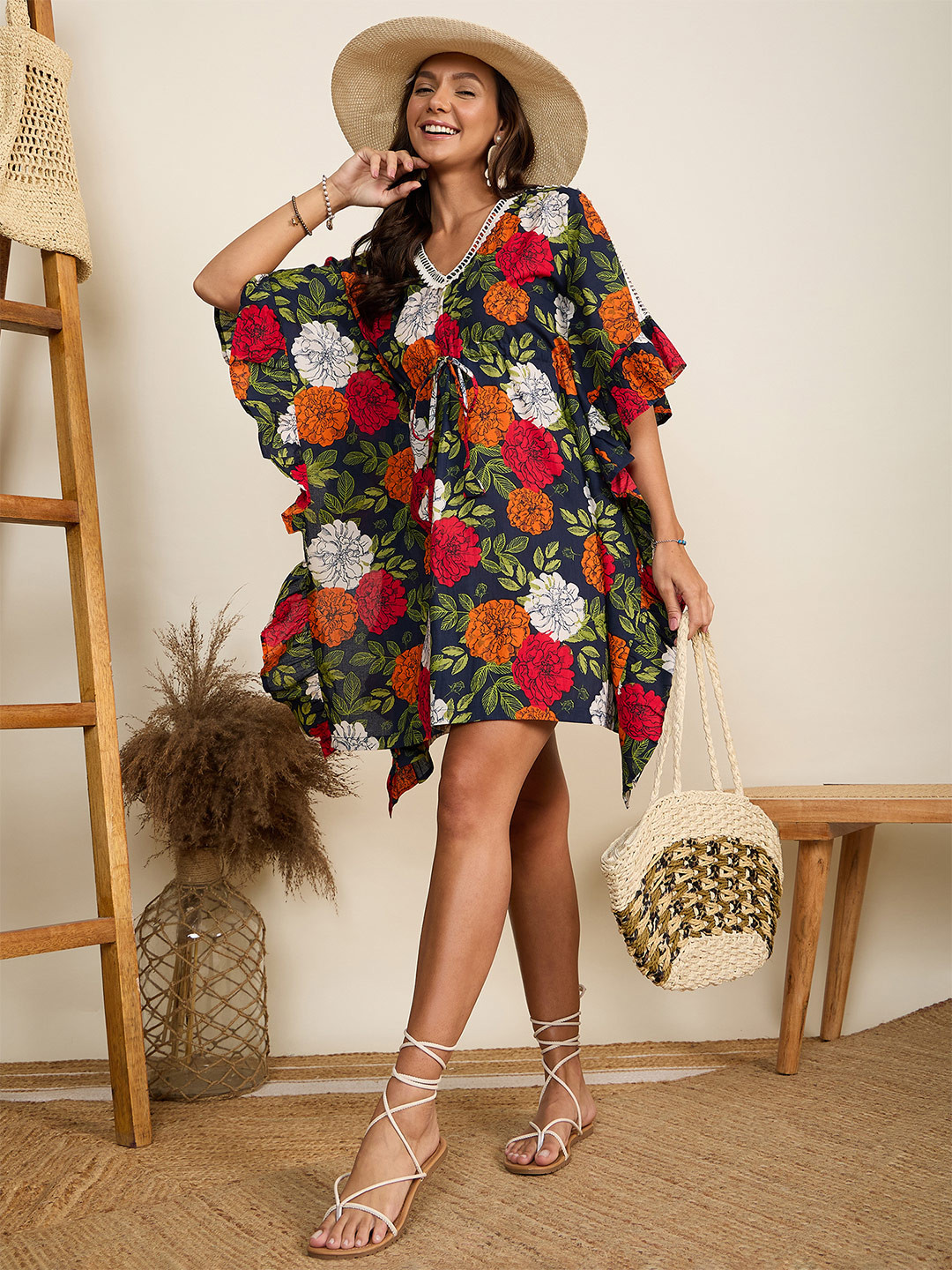 

WineRed Floral Print Cotton Kaftan Mini Dress, Red