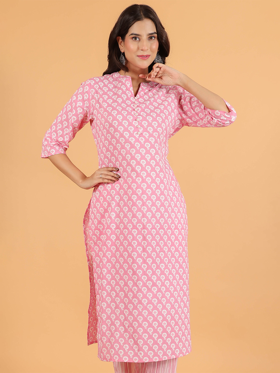 

Aramya Ethnic Motifs Printed Mandarin Collar Pure Cotton Straight Kurta, Pink