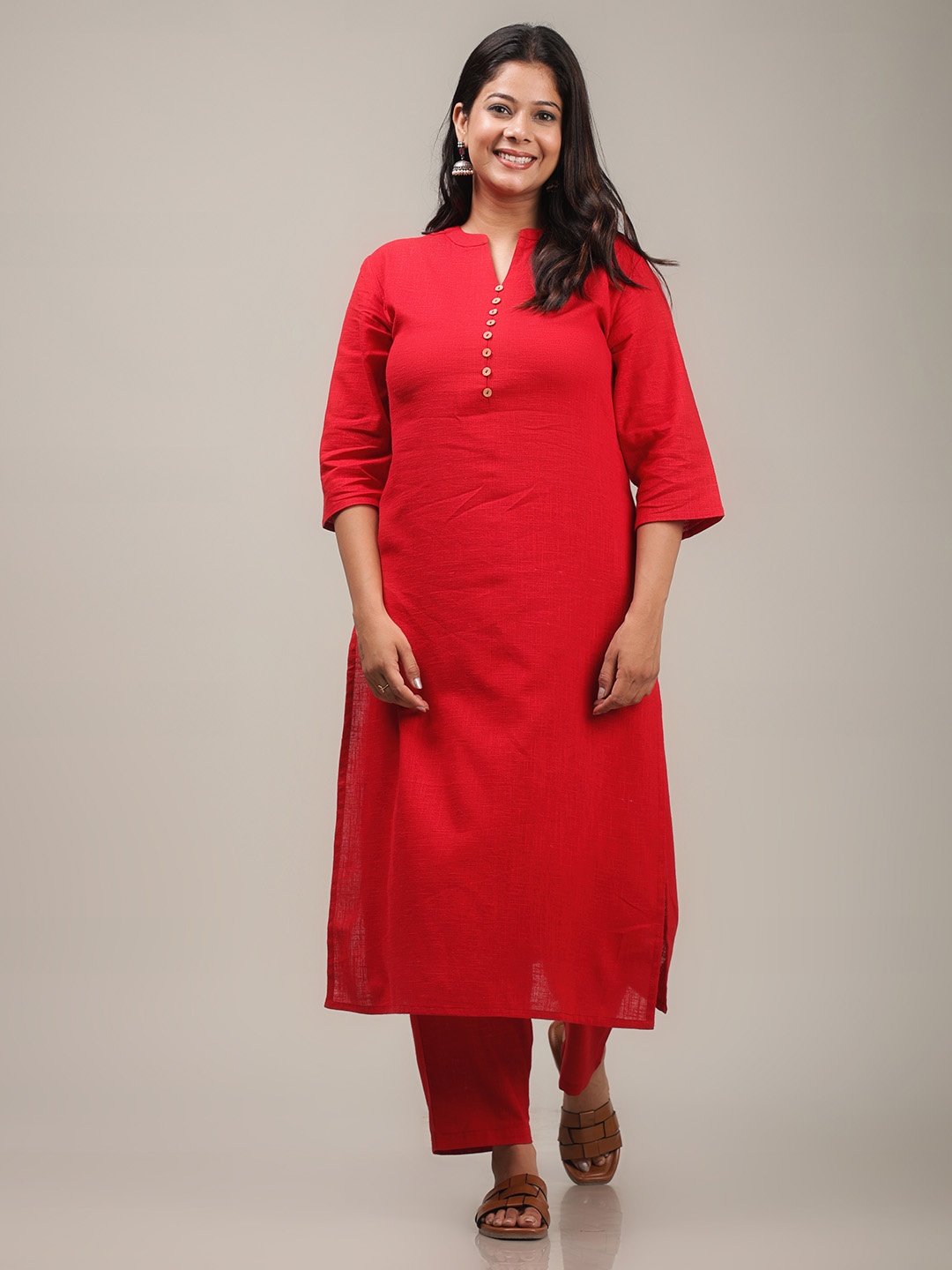 

Aramya Mandarin Collar Pure Cotton Straight Kurta, Red