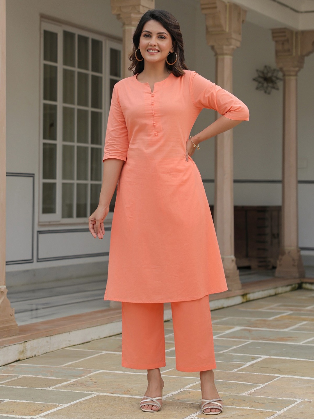 

Aramya Notch Neck Pure Cotton A-Line Kurta, Orange