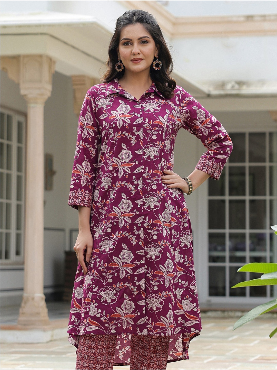 

Aramya Floral Printed Shirt Collar Panelled Pure Cotton A-Line High Low Kurta, Purple