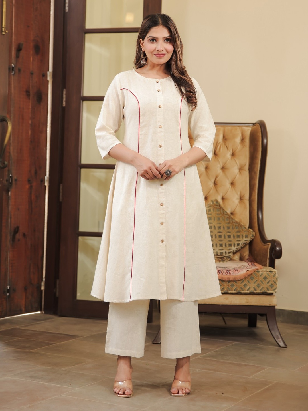 

Aramya Round Neck Linen Cotton A-Line Kurta, Cream