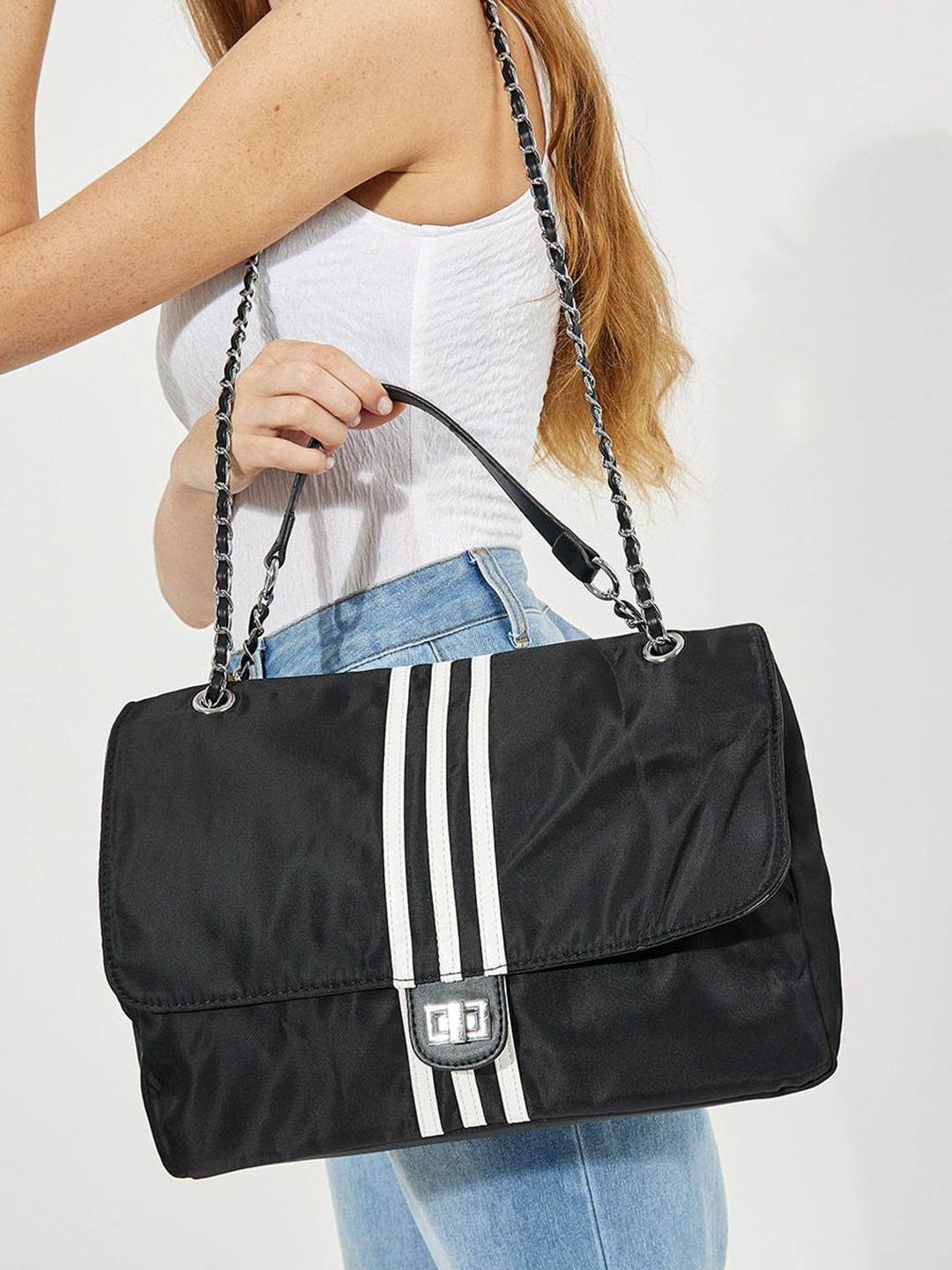 

Styli Striped Structured Shoulder Bag, Black