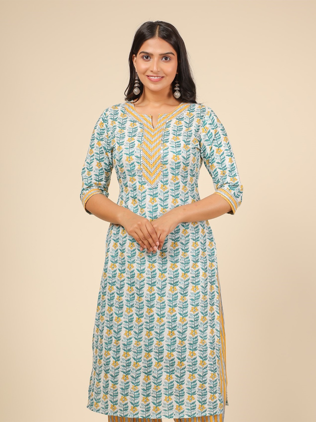 Aramya Floral Printed Notch Neck Cotton Straight Kurta, Yellow