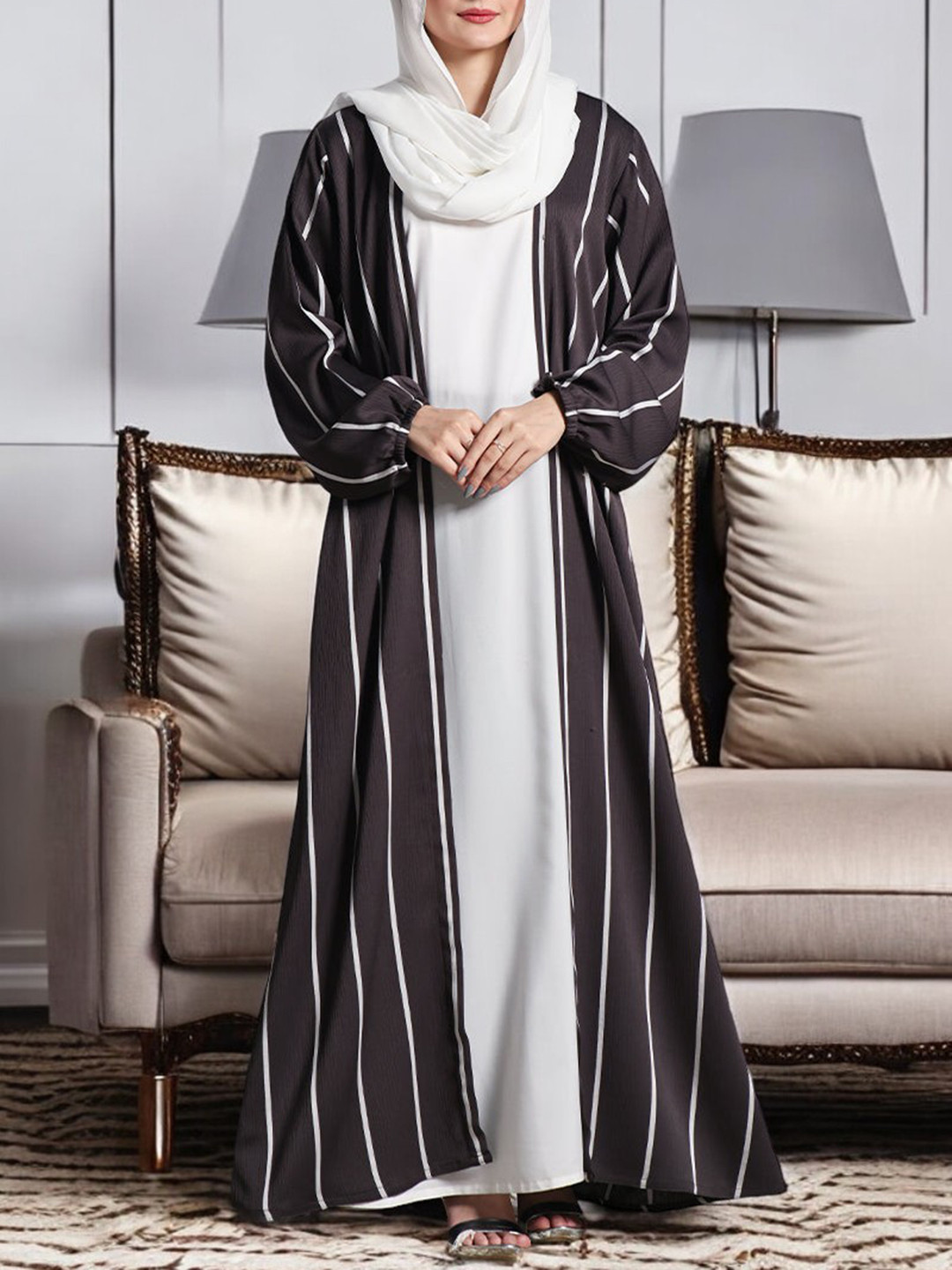 

MUSHKIYA Striped Abaya Burqas With Scarf, Black
