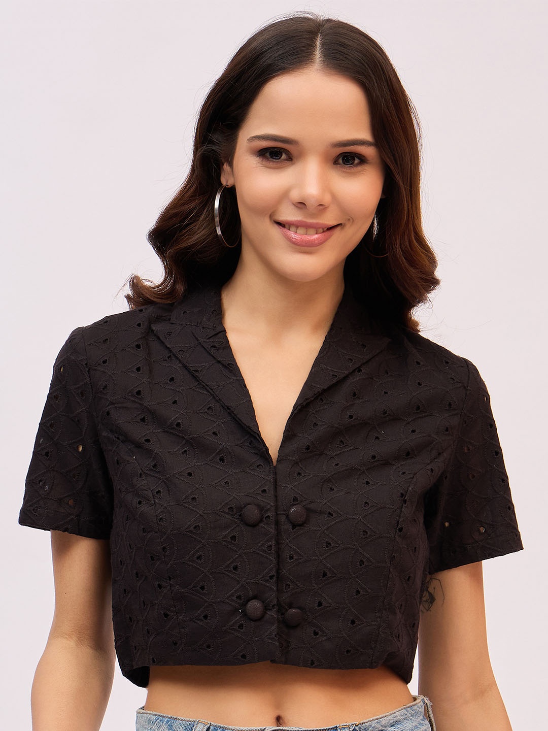 

DressBerry Women Self Design Schiffli Shirt Collar Cotton Top, Black