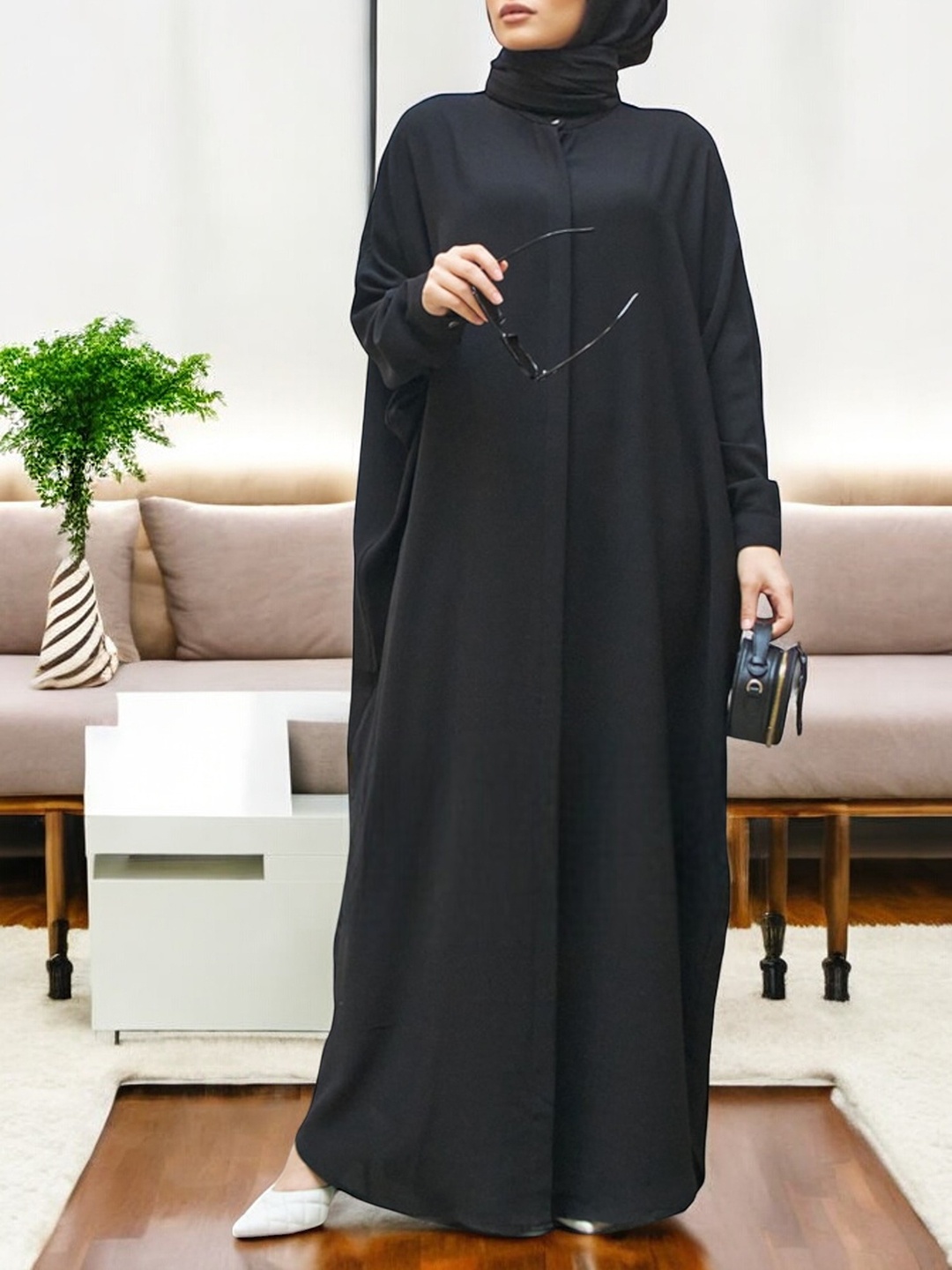 

MUSHKIYA Long Sleeve Kaftan Abaya With Scarf, Black