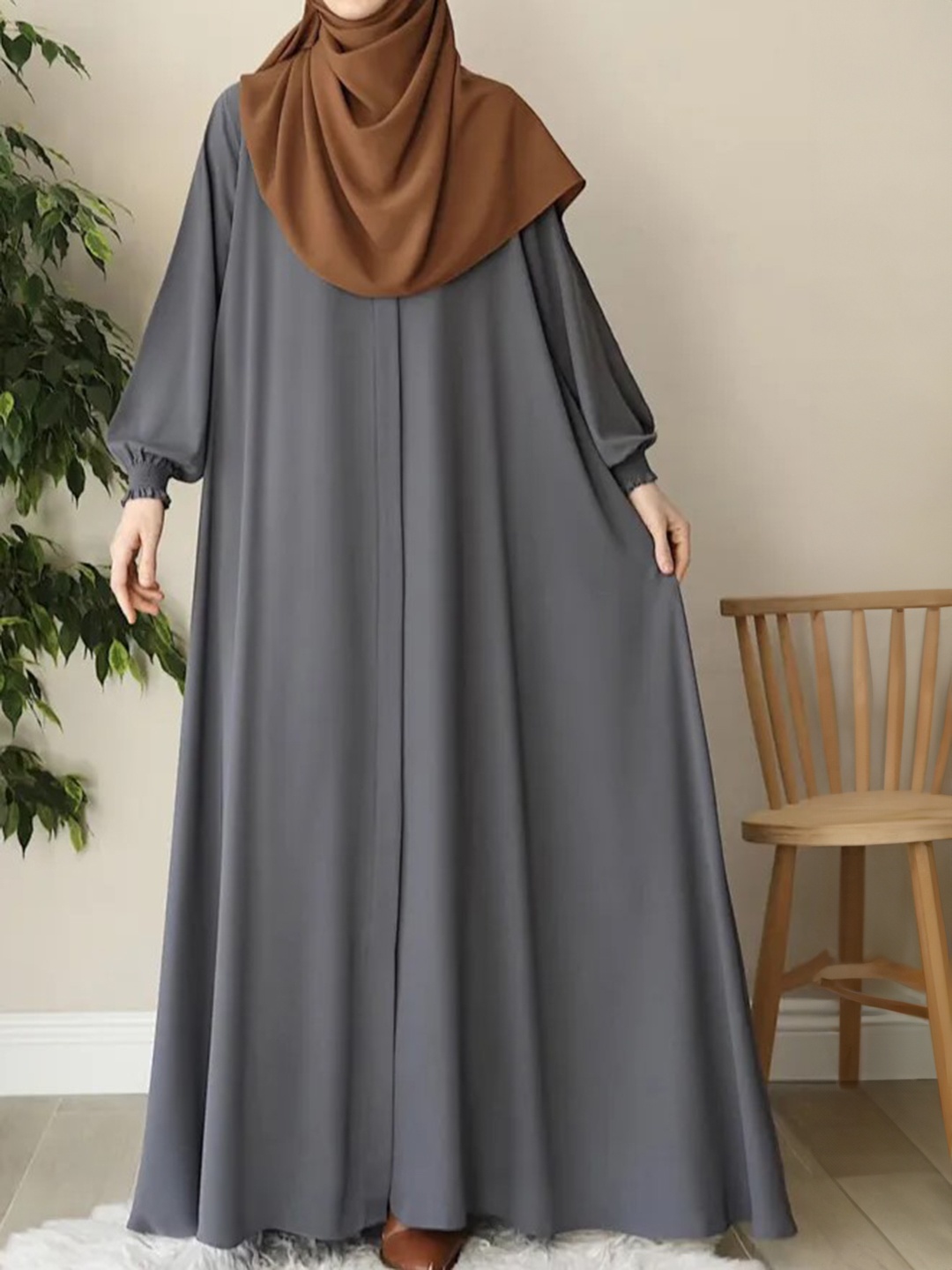 

MUSHKIYA Long Sleeve Front Open Abaya With Belt & Scarf, Grey