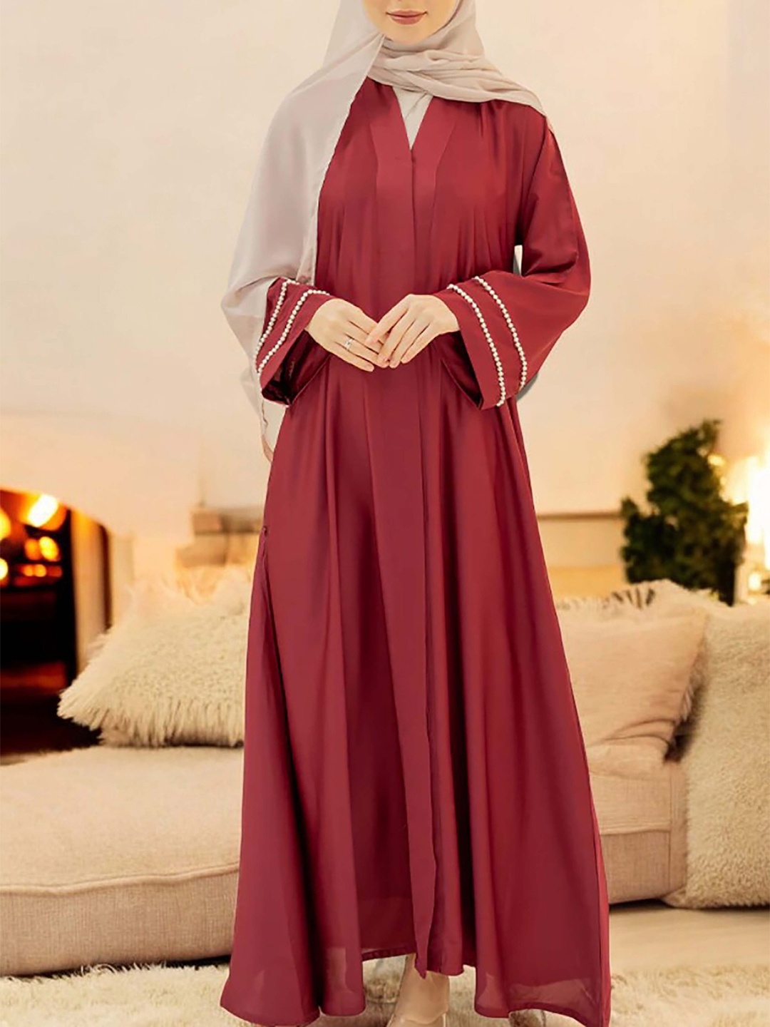 

MUSHKIYA Long Sleeve Front Open Abaya With Scarf, Pink