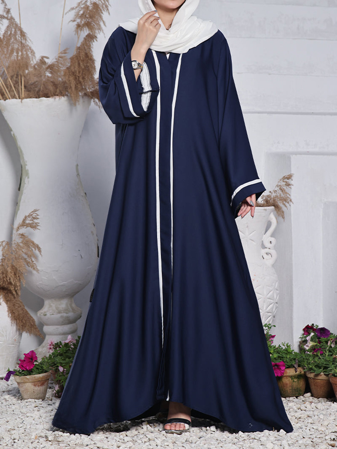 

MUSHKIYA Long Sleeve Front Open Abaya With Hijab, Navy blue