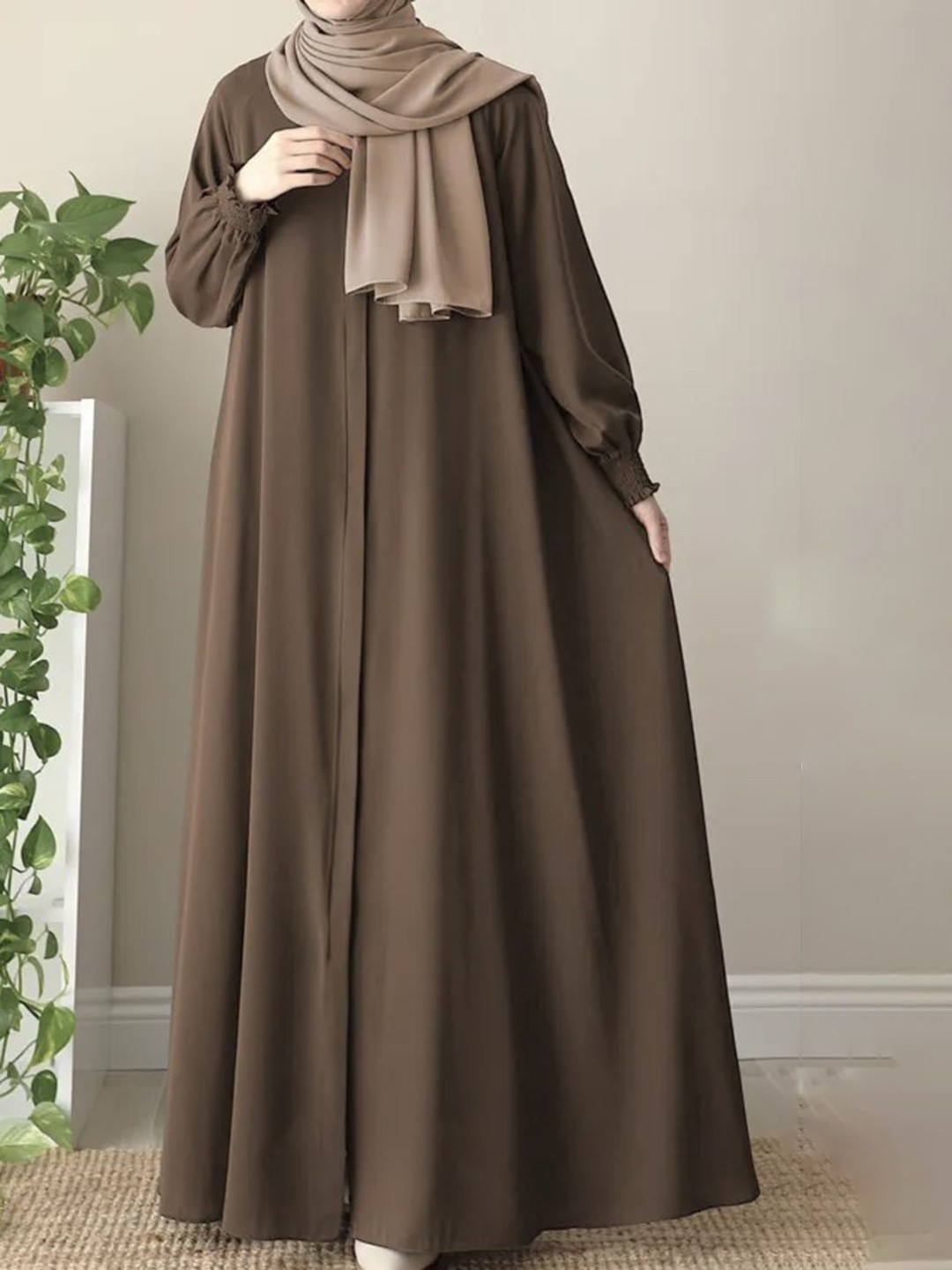 

MUSHKIYA Cuffed Hem Burqa With Scarf, Brown