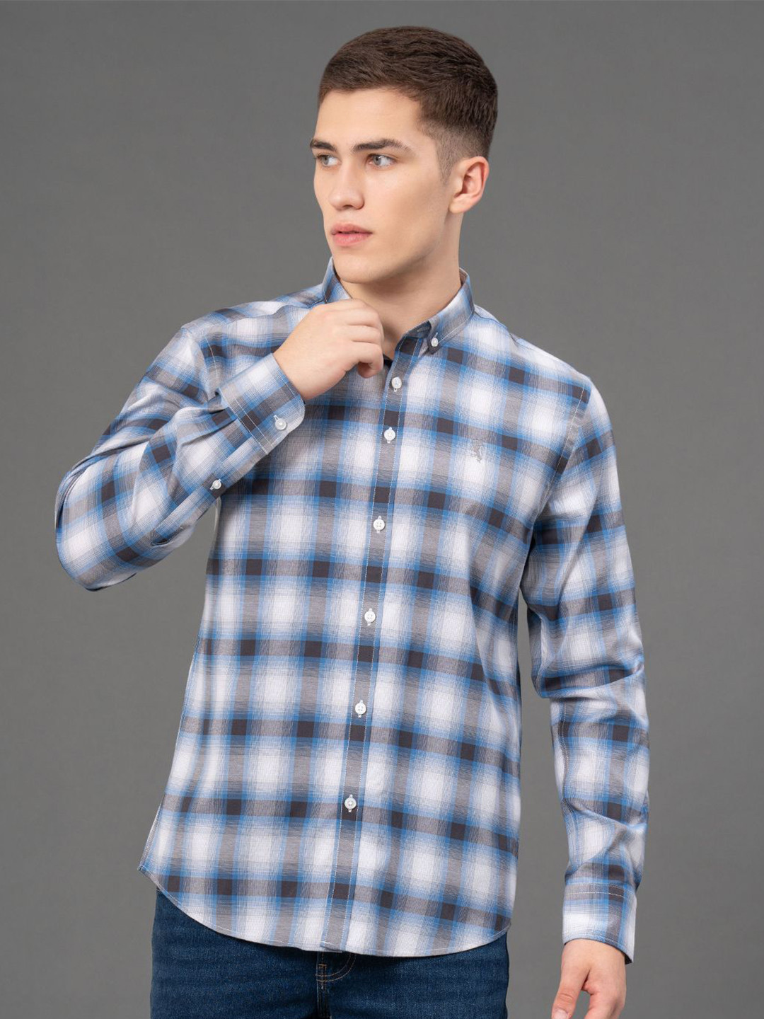 

Red Tape Men Tartan Checks Button-Down Collar Casual Shirt, Blue