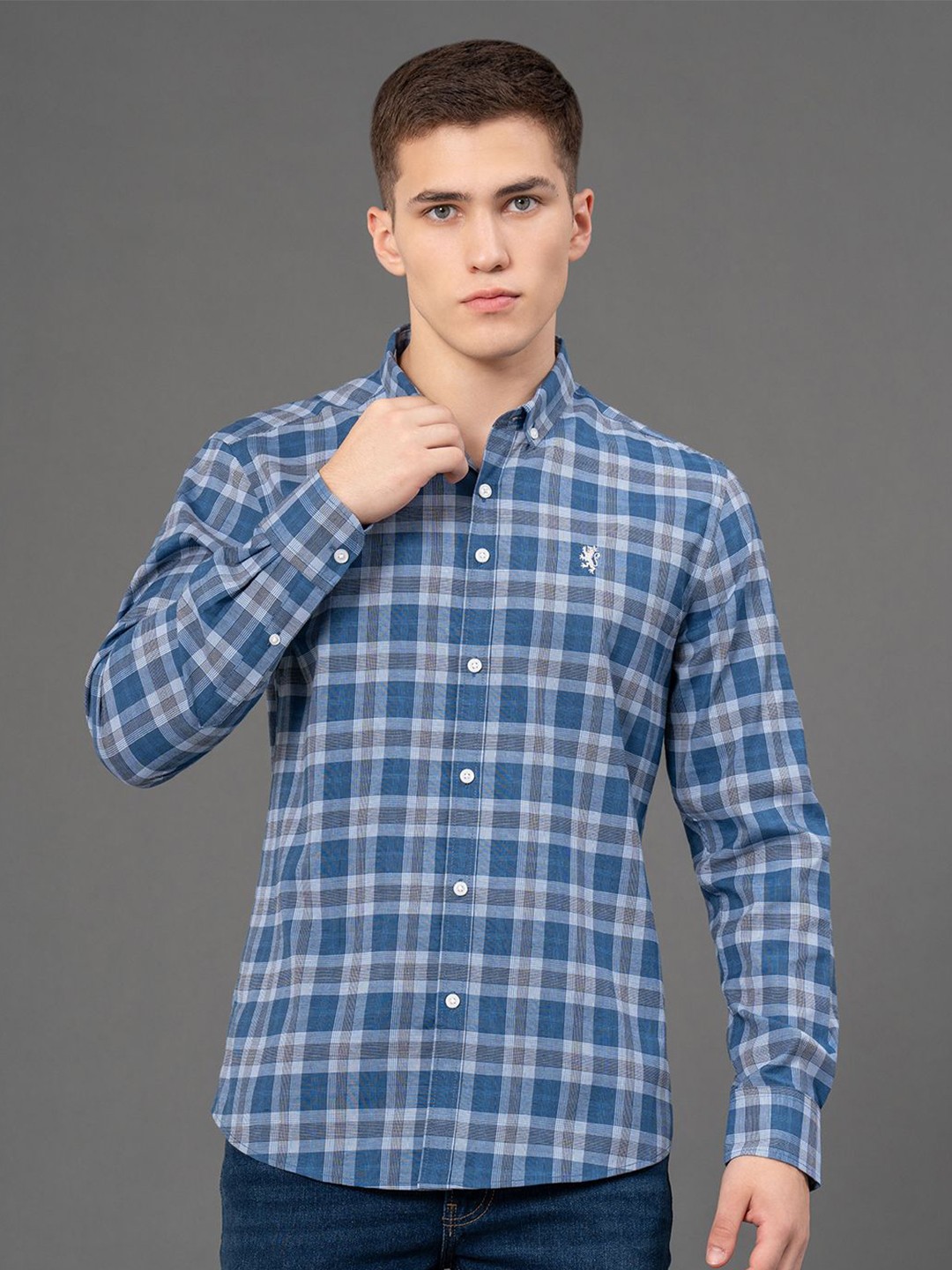 

Red Tape Men Tartan Checks Button-Down Collar Casual Shirt, Blue
