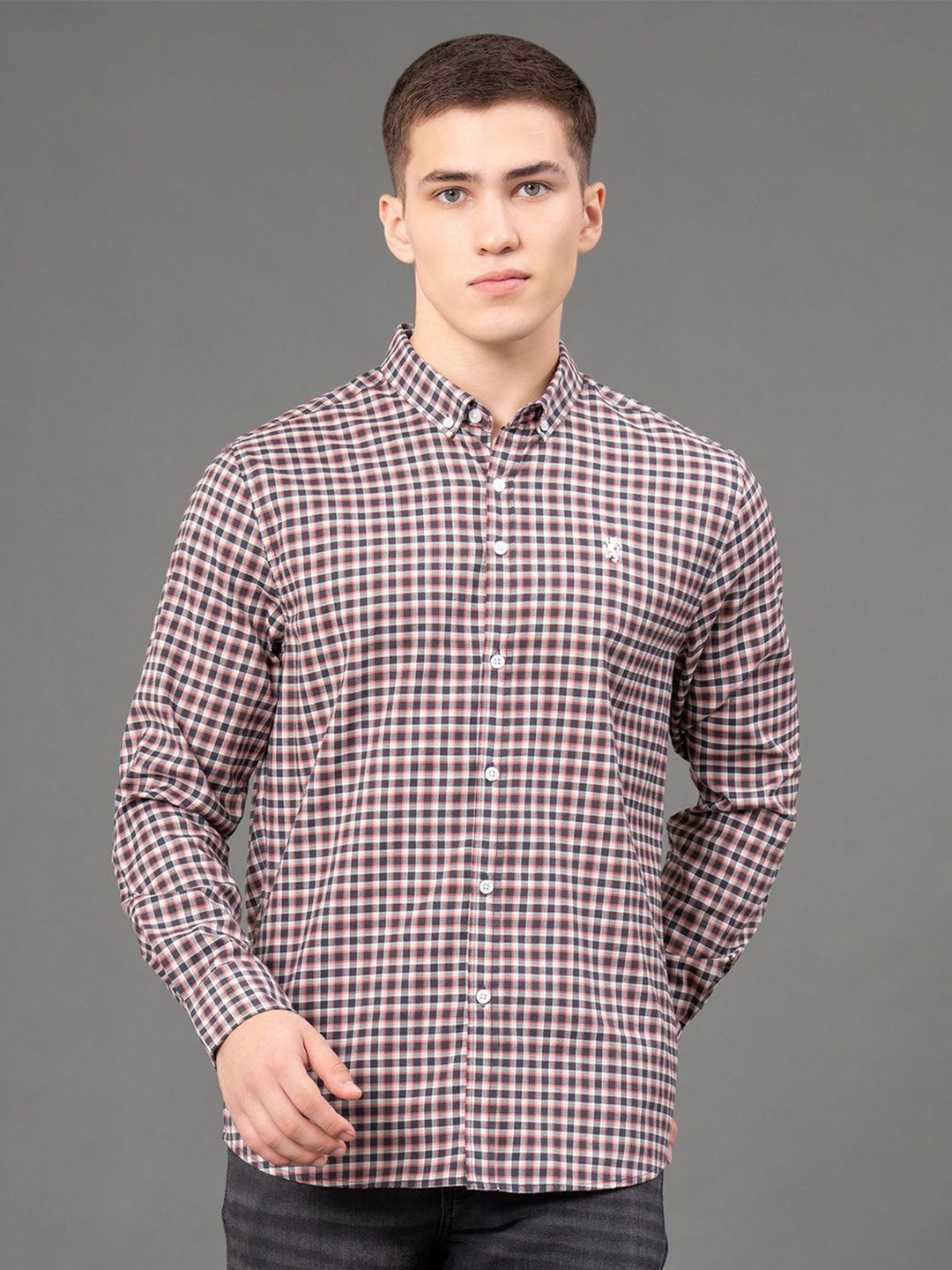 

Red Tape Men Gingham Checks Button-Down Collar Casual Shirt, Grey