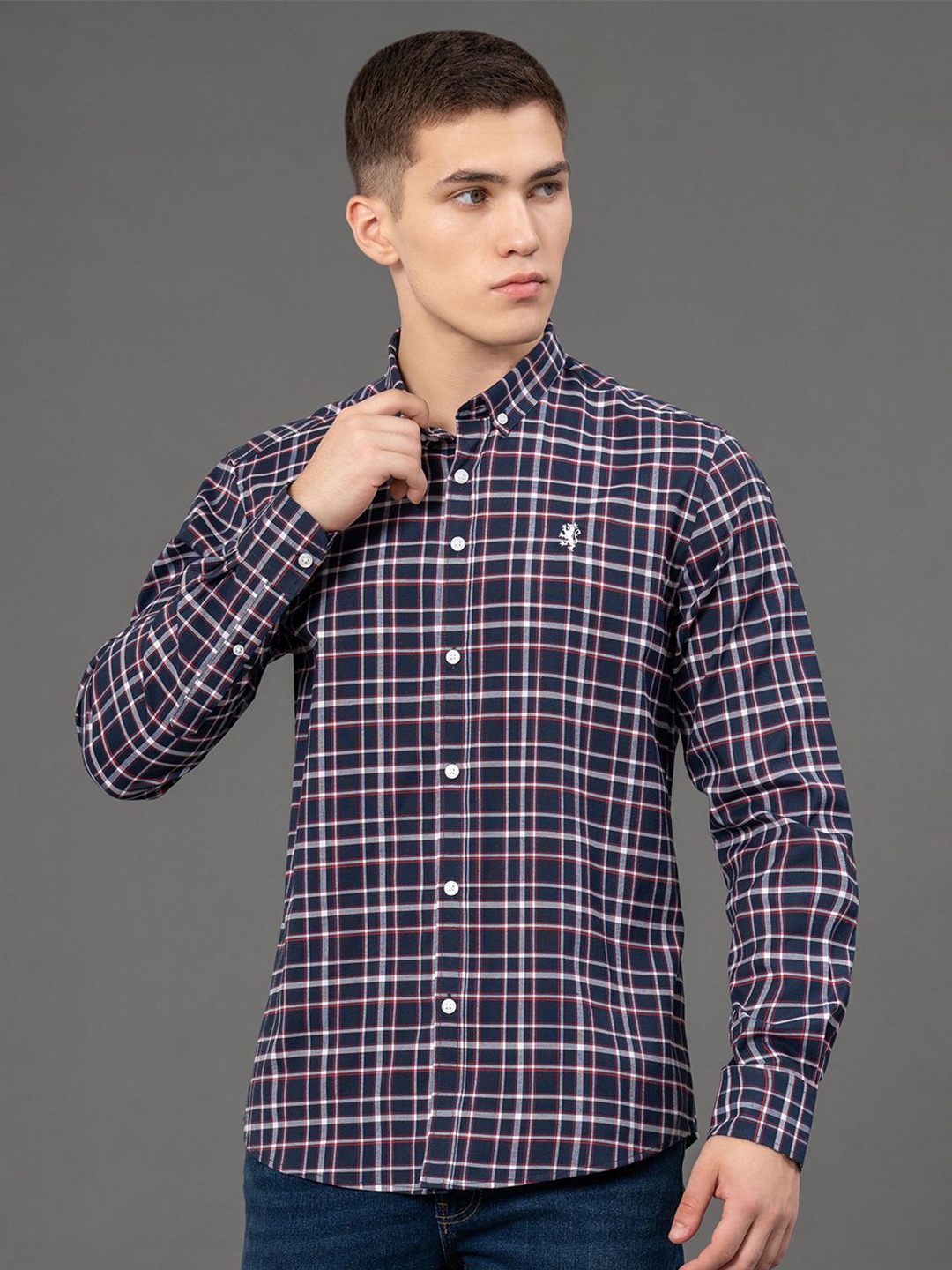 

Red Tape Men Tartan Checks Button-Down Collar Casual Shirt, Navy blue
