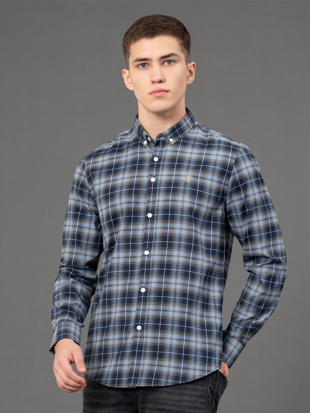 

Red Tape Men Tartan Checks Button-Down Collar Casual Shirt, Blue